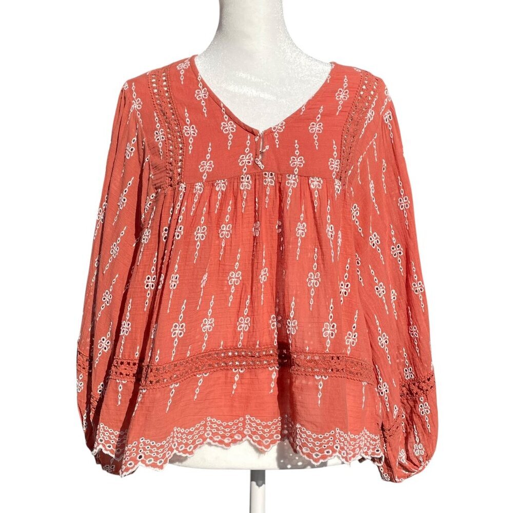 American Eagle Rust Embroidered Babydoll Peasant Blouse Balloon Sleeve M - Picture 2 of 12